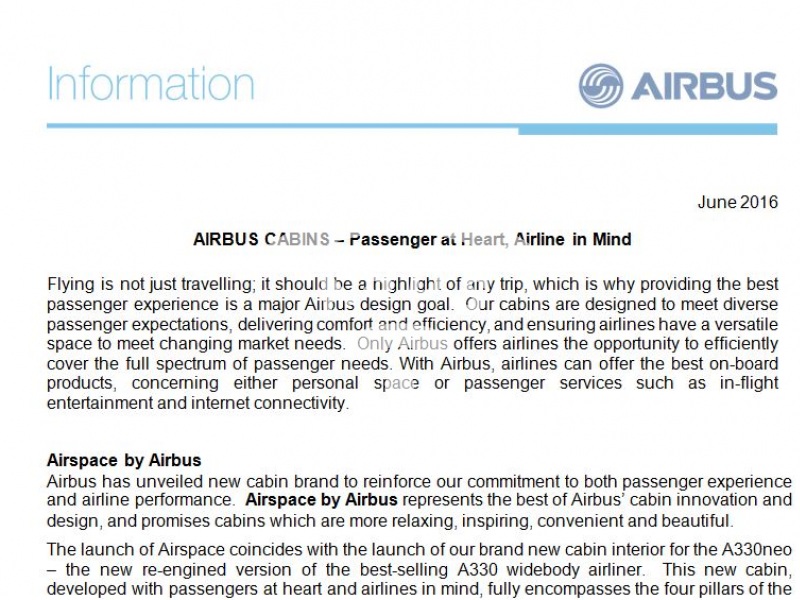 Airbus Cabins: Passenger at Heart, Airline in Mind