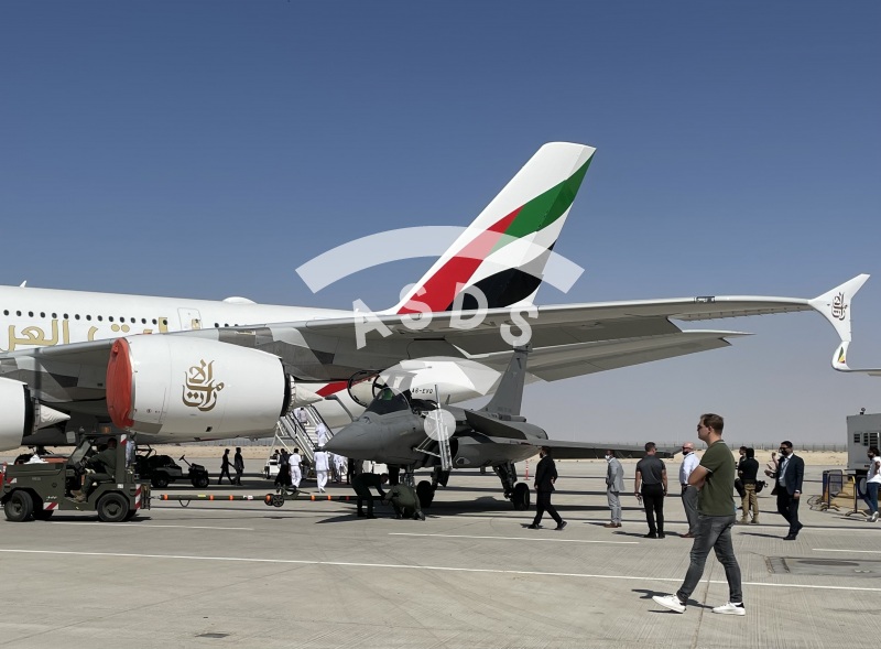 Emirates A380 and Rafale of the French Air Forces at Dubai Airshow 2021